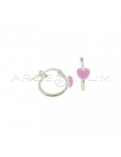Tubular hoop earrings with bridge closure with pink enameled heart in 925 silver