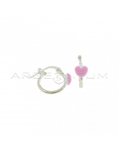 Tubular hoop earrings with bridge closure with pink enameled heart in 925 silver