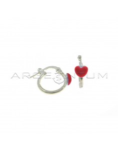 Tubular hoop earrings with bridge closure with red enameled heart in 925 silver