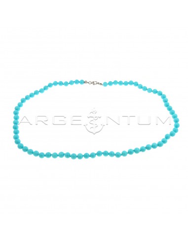 Turquoise paste ball necklace ø 6 mm threaded with knots with white gold plated terminals and snap hook in 925 silver (Length 45 cm)