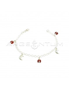 Giotto mesh bracelet with pendants coupled with enameled ladybugs alternating with smooth moons in 925 silver