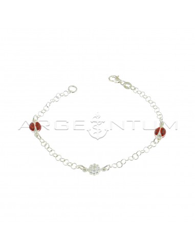 Giotto mesh bracelet with coupled side enameled ladybugs and central coupled flower in 925 silver