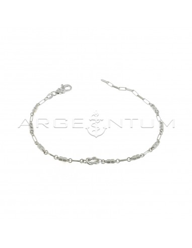 Hooked oval wire mesh bracelet and double nut with central white gold plated knot in 925 silver