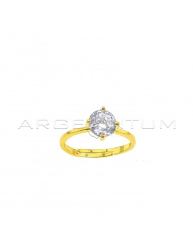 Adjustable solitaire ring with 7 mm white central zircon yellow gold plated in 925 silver
