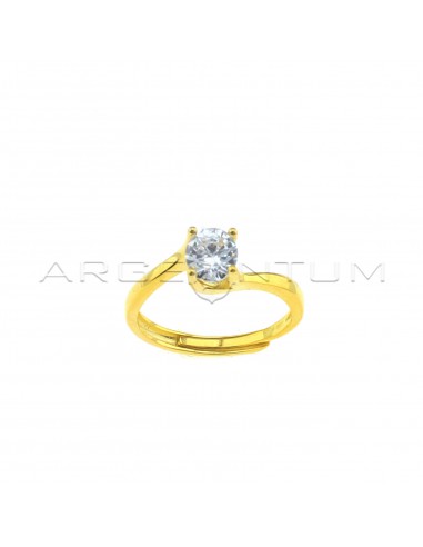 Adjustable solitaire ring with 6 mm white central zircon yellow gold plated in 925 silver