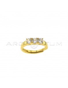 Adjustable trilogy ring with 4 mm white zircons yellow gold plated in 925 silver