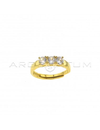 Adjustable trilogy ring with 4 mm white zircons yellow gold plated in 925 silver