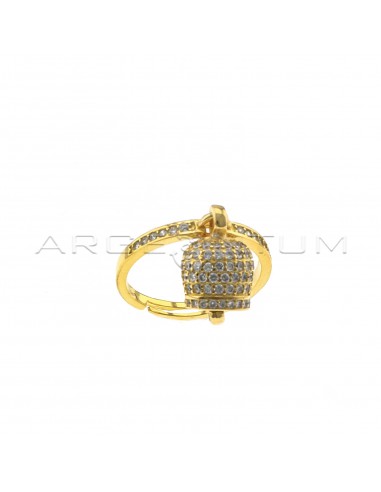 Anello regolabile semizirconato bianco con campanella pendente zirconata bianca con batacchio con punto luce placcato oro giallo in argento 925