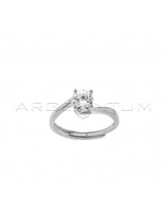 Adjustable solitaire ring with 6 mm white central zircon white gold plated in 925 silver