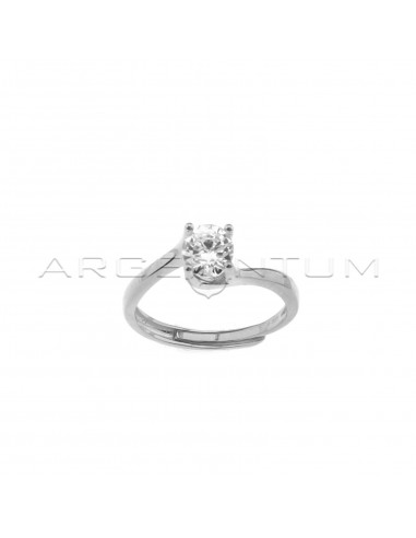 Adjustable solitaire ring with 6 mm white central zircon white gold plated in 925 silver