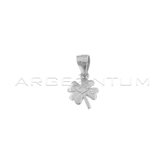 Plate four-leaf clover pendant with white light point, white gold plated in 925 silver