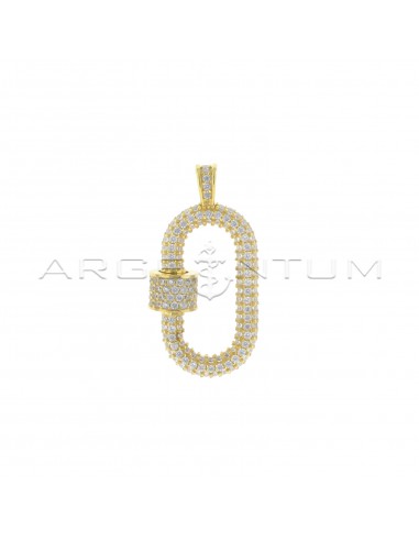 Pendant oval carabiner with tubular section in white zircons pave with screw cylinder yellow gold plated in 925 silver