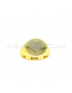 Oval shield ring with heart overlaid with white zircons pave yellow gold plated in 925 silver