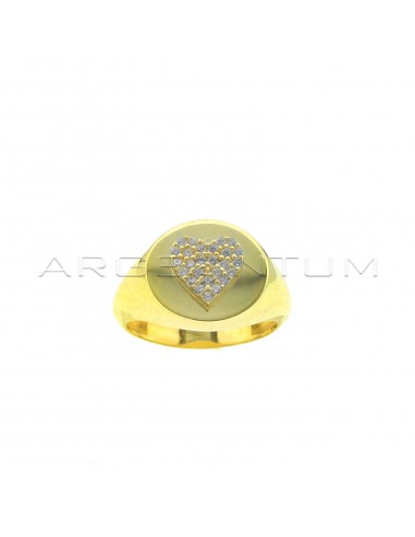 Oval shield ring with heart overlaid with white zircons pave yellow gold plated in 925 silver
