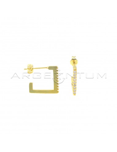 White semi-zircon square lobe earrings with yellow gold plated snap attachment in 925 silver