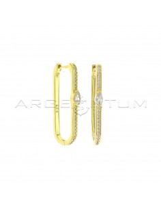 White semi-zircon square section oval hoop earrings with central drop zircon and yellow gold plated snap clasp in 925 silver