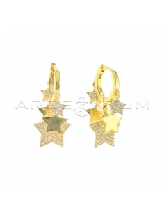 Square section hoop earrings with white and shiny zircon pavé pendant stars yellow gold plated 925 silver
