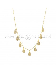 Forced link necklace with yellow gold-plated white zircon pave pendant drops in 925 silver