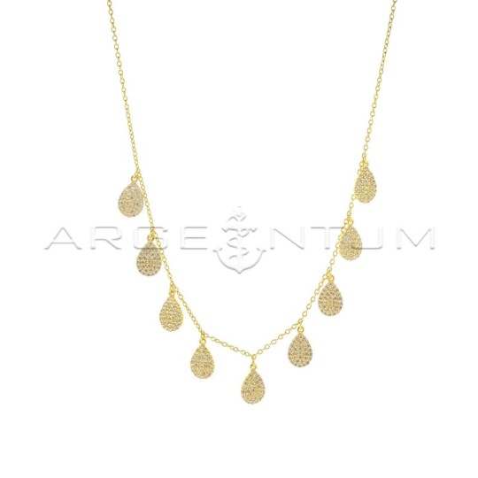 Forced link necklace with yellow gold-plated white zircon pave pendant drops in 925 silver