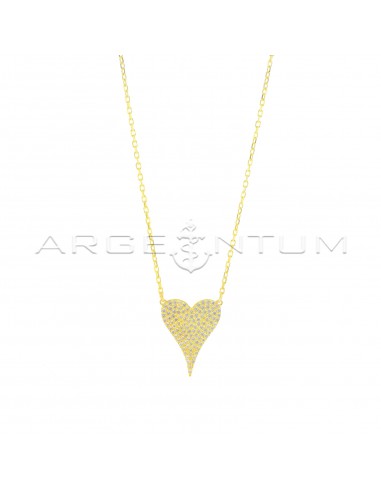 Forced link necklace with central heart in white zircons pave yellow gold plated in 925 silver