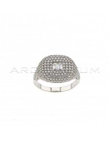 Rectangular shield ring in white cubic zirconia pave with central white gold plated baguettes zircons in 925 silver