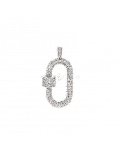Oval carabiner pendant with tubular section in white zircons pave with screw cylinder and white gold plated pass-through counter chain in 925 silver