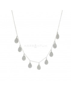 Forced link necklace with white zircon pave pendant drops white gold plated in 925 silver