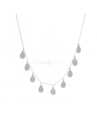 Forced link necklace with white zircon pave pendant drops white gold plated in 925 silver