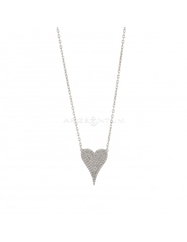 Forced link necklace with central heart in white zircons pave white gold plated in 925 silver
