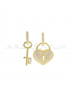 White half-zircon hoop earrings with key pass-through pendant with white baguette zircon and white zircon pendant heart lock yellow gold plated 925 silver