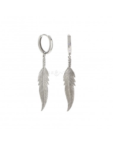 Square section hoop earrings with engraved feather pendant in white gold plated 925 silver
