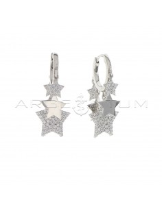 Square section hoop earrings with white and shiny cubic zirconia pavé dangling stars in white gold plated 925 silver