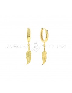 Square section hoop earrings with engraved feather pendant in yellow gold plated 925 silver