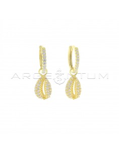 White semi-zircon hoop earrings with square section with openwork shell and white zircon pendant yellow gold plated 925 silver