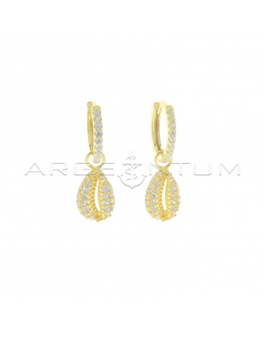 White semi-zircon hoop earrings with square section with openwork shell and white zircon pendant yellow gold plated 925 silver