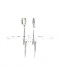 White zircon track hoop earrings with white zircon lightning pendant white gold plated 925 silver