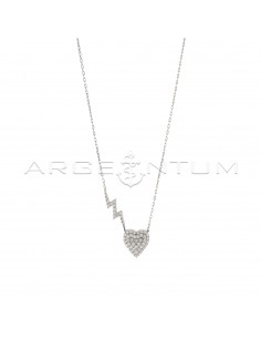 Forced link necklace with central lightning bolt with white zircon heart plated white gold in 925 silver