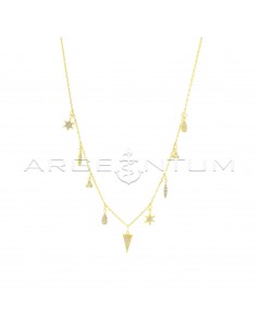Forced link necklace with wind roses, spools, triangles and white zircon pendant drops, yellow gold plated in 925 silver