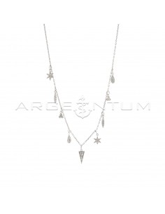Forced link necklace with wind roses, spools, triangles and white zircon pendant drops white gold plated in 925 silver