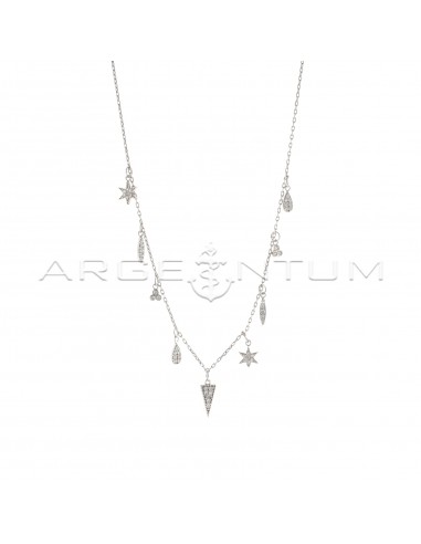 Forced link necklace with wind roses, spools, triangles and white zircon pendant drops white gold plated in 925 silver