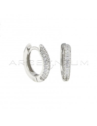 Hoop earrings with white zircons and white gold plated snap clasp in 925 silver