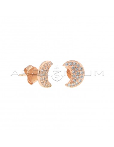 Moon lobe earrings with white zircons pave yellow gold plated in 925 silver