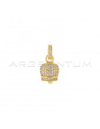 Yellow gold plated campanella charm 9.5x8.5 mm with white zircons and round zircon counter-chain in 925 silver