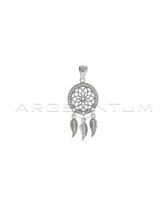 Openwork dream catcher pendant in white zircon frame, with white zircon pendant feathers and engraved white zircons white gold plated 925