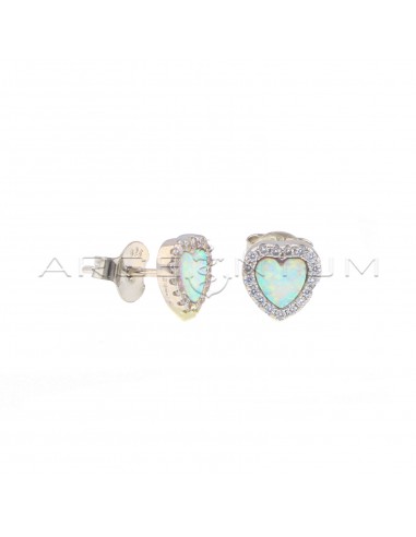 Heart lobe earrings with opalescent white stone in a frame of white gold plated white zircons in 925 silver