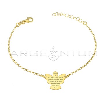 Rolo mesh bracelet with central plate angel with engraved "Angel of God" prayer in 925% silver plated yellow gold