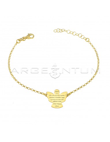 Rolo mesh bracelet with central plate angel with engraved "Angel of God" prayer in 925% silver plated yellow gold
