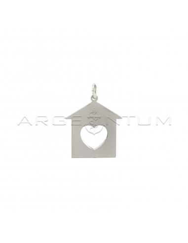 Plate house pendant with openwork heart in white gold plated 925 silver