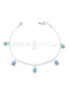 Forced mesh bracelet with square, round and oval pendants with white gold plated turquoise paste centers in 925 silver