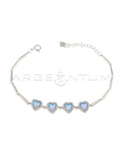 Semi-rigid bracelet with central hearts with opalescent blue stone in a frame of white zircons plated white gold in 925 silver